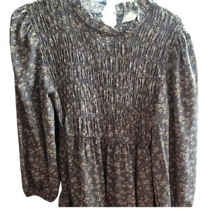 Elloh Floral Smocked Mock Neck Tiered Mini Dress Gray Long‎ Sleeve S Cottagecore